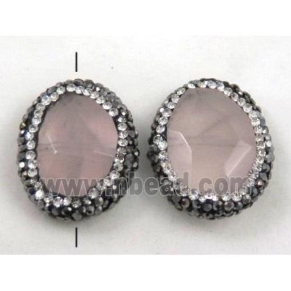 rose quartz bead paved rhinestone, faceted freeform, pink