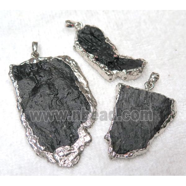 black tourmaline slice pendant, freeform, silver plated