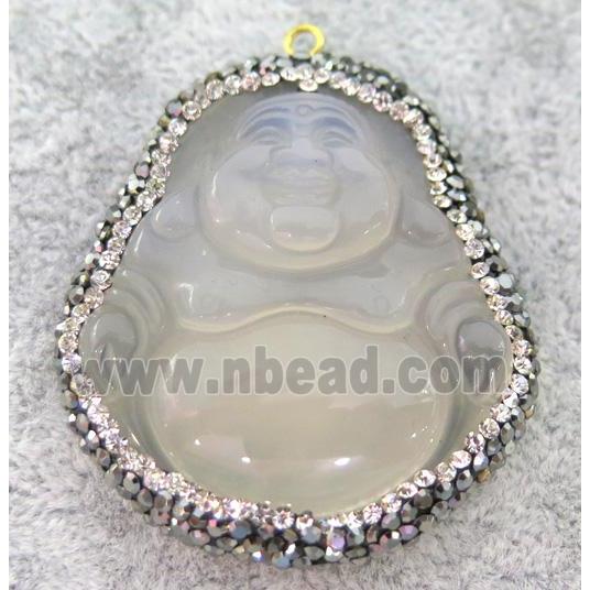 white jade chalcedony buddha pendant paved rhinestone