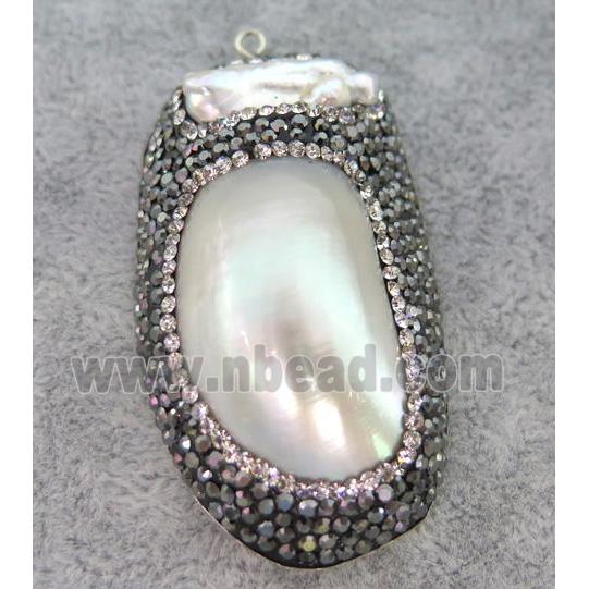 white freshwater Pearl pendant paved rhinestone, freeform