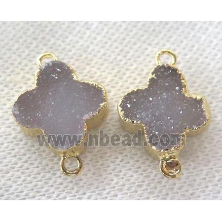 druzy agate connector, four-leaf clover, gold plated