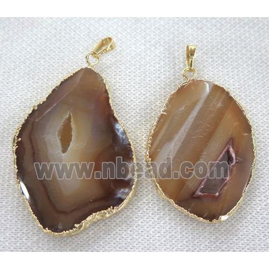 druzy agate slice pendant, coffee, faceted freeform, gold plated