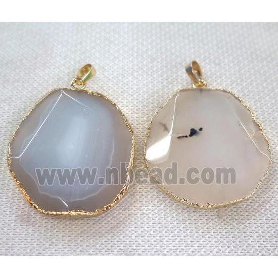 gray white agate slice pendant, faceted freeform, gold plated