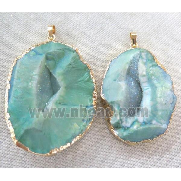 dragon veins agate druzy pendant, freeform, green AB-color, gold plated