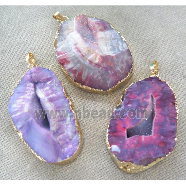dragon veins agate druzy pendant, freeform, purple AB-color, gold plated