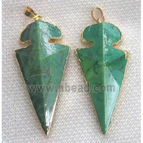 agate arrowhead pendant, green, point, gold plated