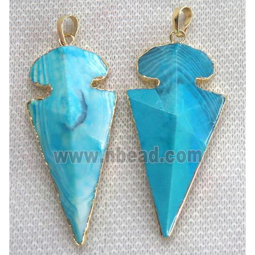 agate arrowhead pendant, blue, point, gold plated