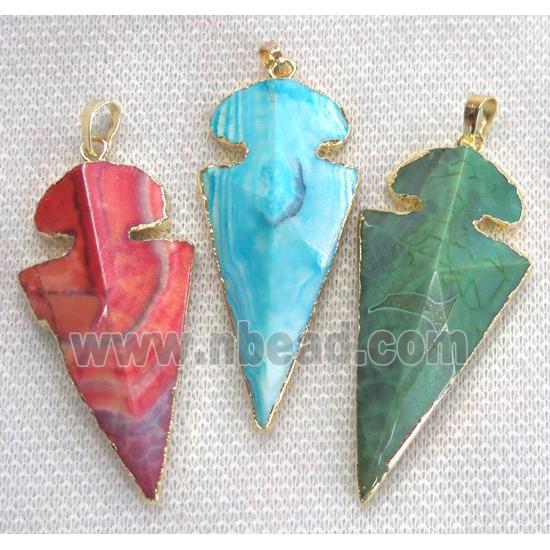 agate arrowhead pendant, mix color, point, gold plated