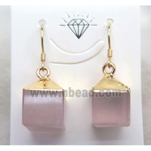 rose quartz cube earring, gold plated