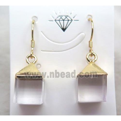 clear quartz earring, cube, gold plated