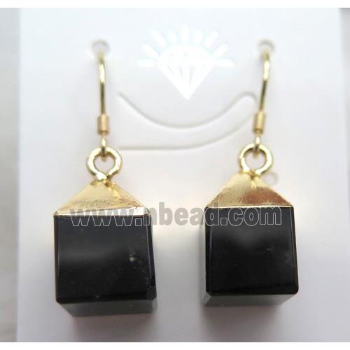black agate earring, cube, gold plated