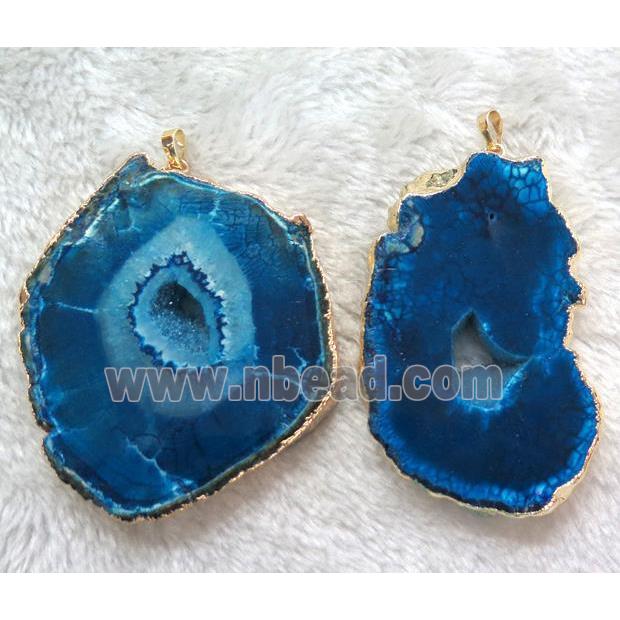 blue Agate druzy slice pendant, freeform, gold plated
