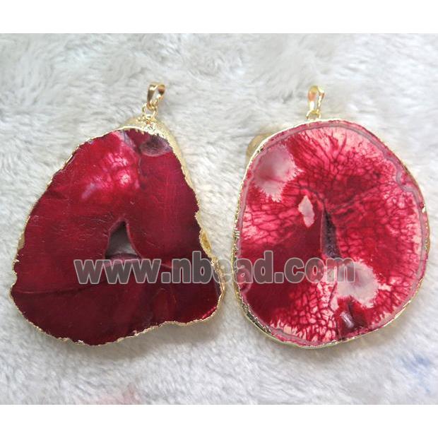 red Agate druzy slice pendant, freeform, gold plated