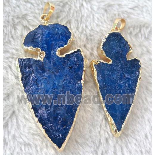 quartz arrowhead pendant, blue dye, gold plated
