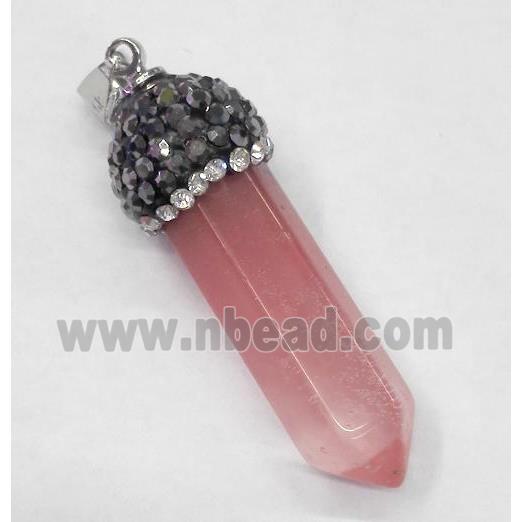 cherry quartz pendant paved rhinestone, bullet