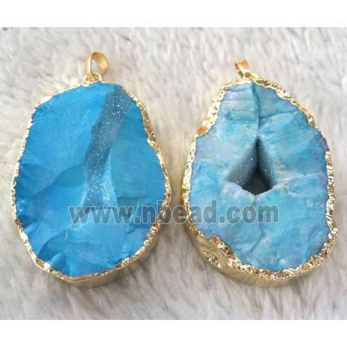 Druzy Agate pendant, blue AB-color, freeform, rough, gold plated