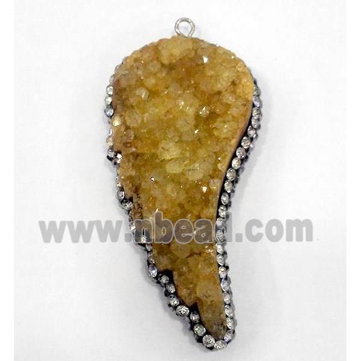 golden druzy quartz pendant paved rhinestone, wing