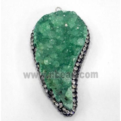 green druzy quartz pendant paved rhinestone, wing