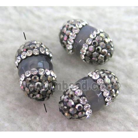 grey Agate bead paved rhinestone, faceted round