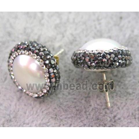 white pearl sterling silver earring studs paved rhinestone