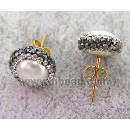 white pearl earring studs paved rhinestone