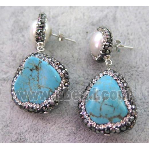 blue turquoise earring paved rhinestone, pearl