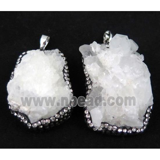 white druzy quartz pendant paved rhinestone, freeform