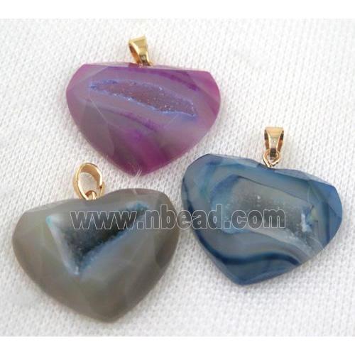 agate druzy pendant, faceted heart, mix color