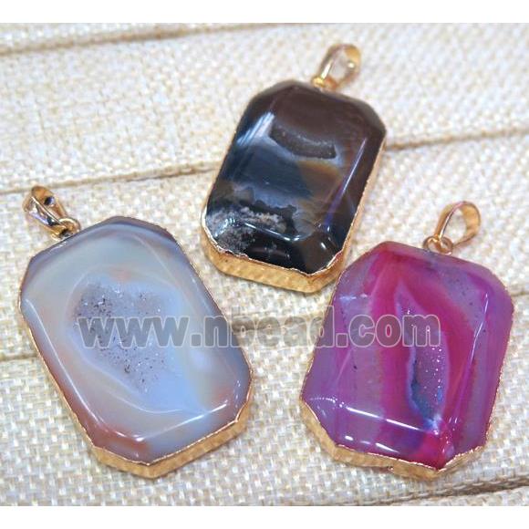 geode agate druzy pendant, faceted rectangle, mix color, gold plated