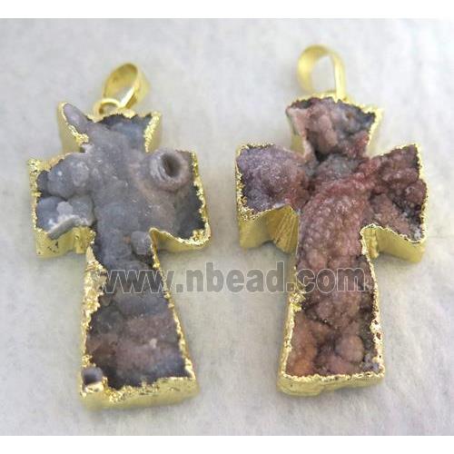sun agate druzy cross pendant, gold plated