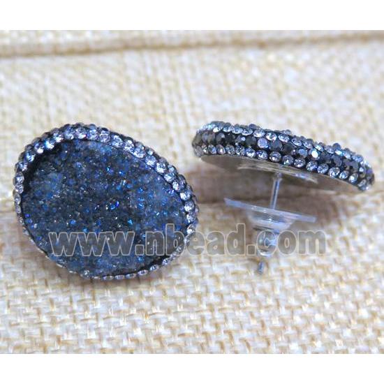 druzy agate earring studs, gray-blue, copper, platinum plated