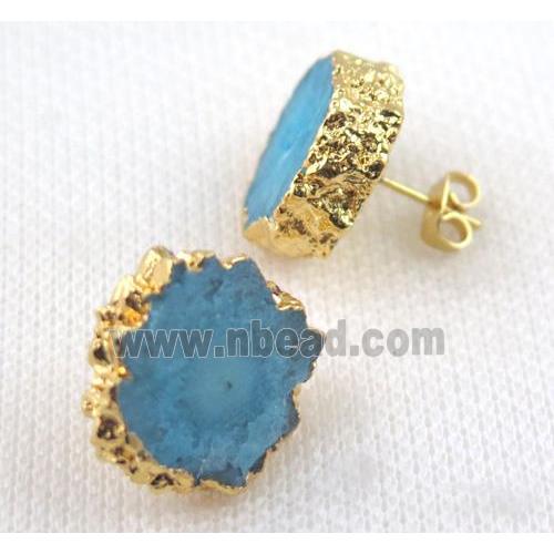 aqua Solar Quartz druzy earring studs, copper, gold plated