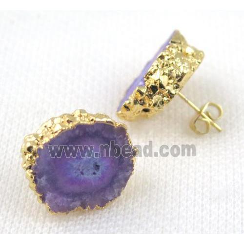 purple Solar Quartz druzy earring studs, copper, gold plated