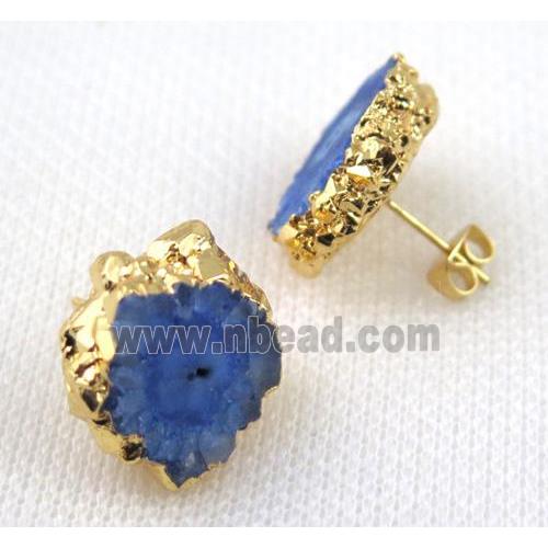 blue Solar Quartz druzy earring studs, copper, gold plated