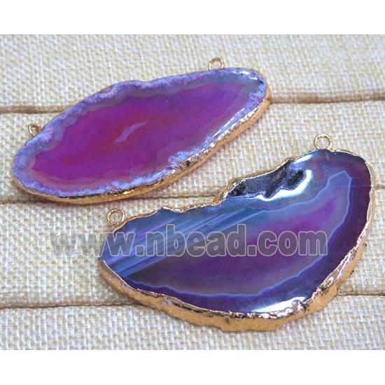 hotpink agate slice pendant with 2loops, freeform, gold plated