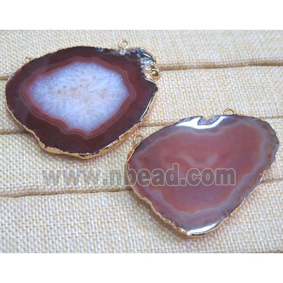 red agate slice pendant with 2loops, freeform, gold plated