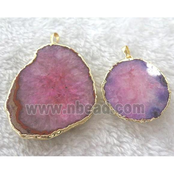 pink druzy agate slice pendant, freeform, gold plated