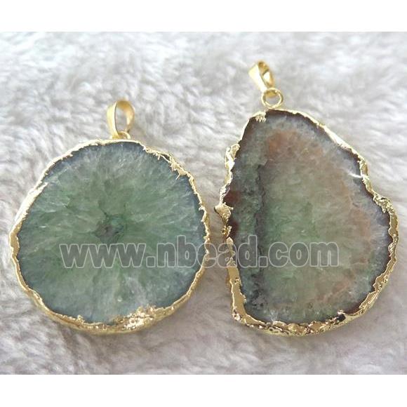 green druzy agate slice pendant, freeform, gold plated