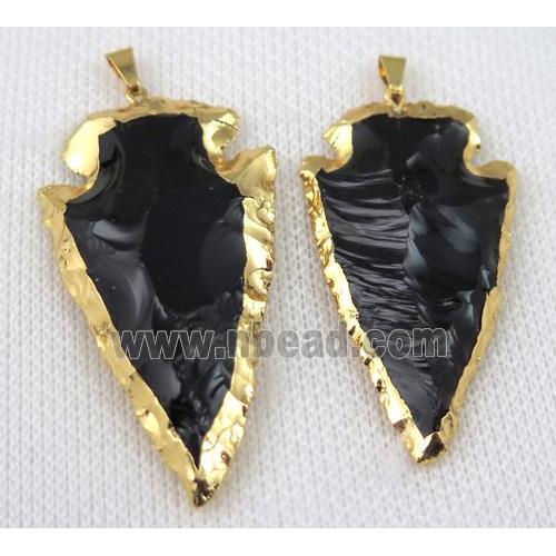 hammered agate onyx arrowhead pendant, black, gold plated