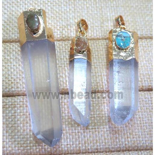 clear quartz pendant paved turquoise, stick, gold plated