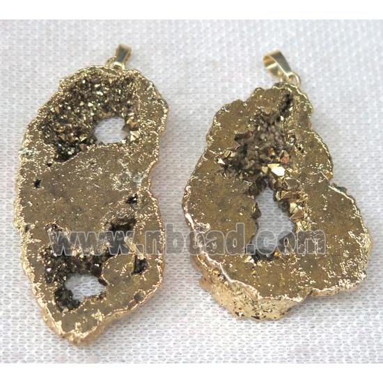 druzy agate slice pendant, freeform, gold plated