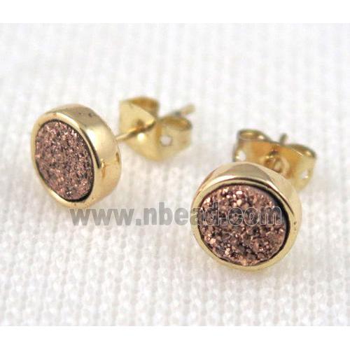 chocolate agate druzy earring stud, copper, gold plated