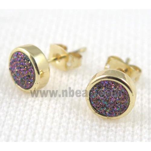 rainbow agate druzy earring stud, copper, gold plated