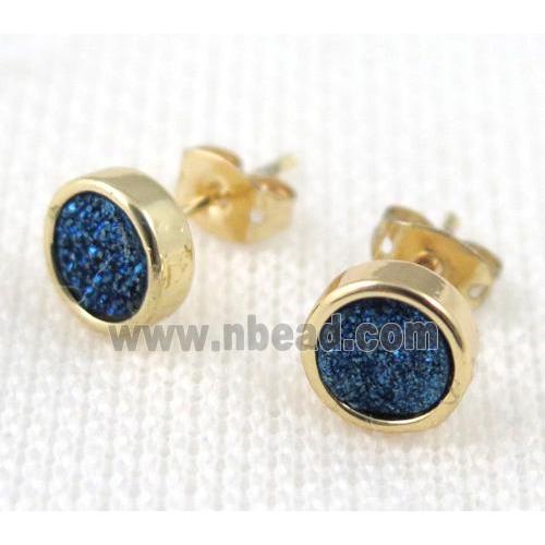 blue agate druzy earring stud, copper, gold plated