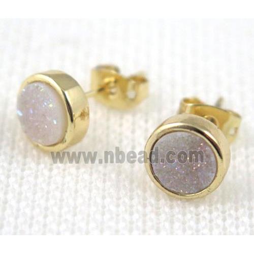 white AB-color druzy agate earring studs, copper, gold plated