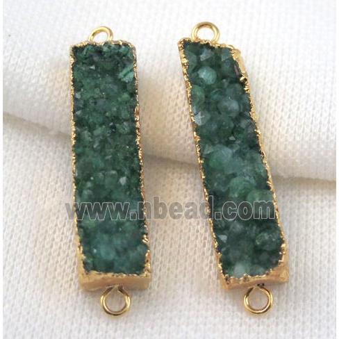 green druzy quartz connector, rectangle, gold plated