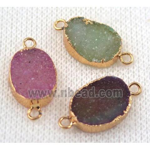 druzy agate connector paved rhinestone, oval, mix color, gold plated