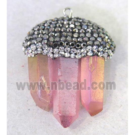 Crystal Quartz stick pendant paved rhinestone, pink