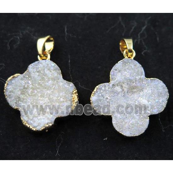 druzy quartz four-leaf clover pendant, white AB-color, gold plated