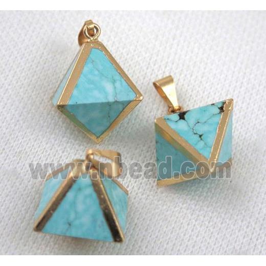 blue turquoise pendant, diamond shape, gold plated